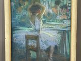 an oil painting of a woman sitting at a table in front of a mirror