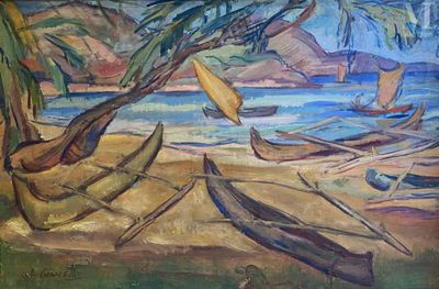 une peinture représentant des bateaux sur la plage, près de l'eau
