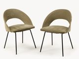 pair of mid century style chairs with black legs and a beige upholstered seat