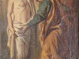 un vieux tableau représentant un homme tenant une croix devant un groupe d'hommes