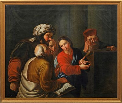 une image d'un tableau représentant un groupe de personnes dans une pièce