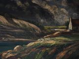 a painting of a house on a hill by the water