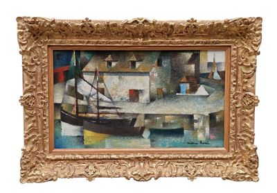 une image représentant un tableau montrant des bateaux dans un port, avec un bâtiment en arrière-plan