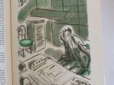 an open book with a drawing of a man sitting on a chair