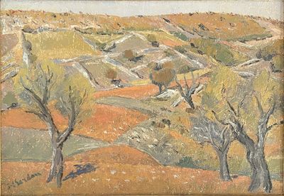 an image of a painting of a landscape with trees in the foreground