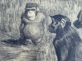 drawing of a group of people sitting in a field with a dog