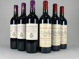 six bottles of wine lined up in a row on a table
