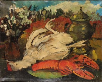 an oil painting of a lobster on a plate next to a vase of flowers
