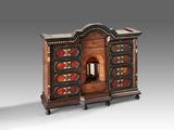 an old wooden cabinet with a fire place inside of it
