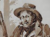 a painting of a man with a hat and a cane