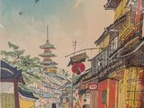 a picture of a painting of a woman walking down the street