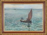 an oil painting of a man in a boat on the water
