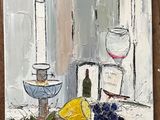 a painting of a still life with fruit and a wine glass