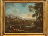 a painting of a landscape with a river and a village in the distance