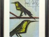tableau représentant deux oiseaux perchés sur une branche, dans un cadre noir