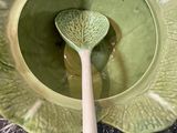 a green bowl with a spoon inside of it