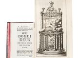 an open book with a drawing of a man on a throne
