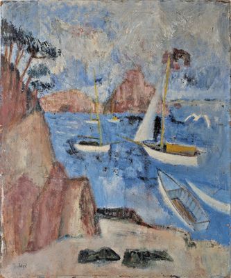 une peinture à l'huile représentant des bateaux sur un plan d'eau près d'une falaise