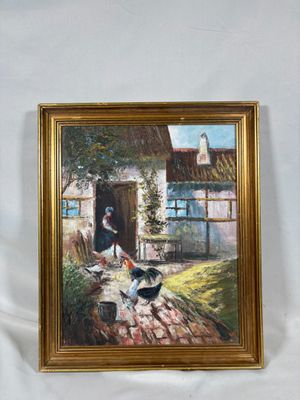 tableau représentant des poulets devant une maison, avec un chien et un chat sur le seuil