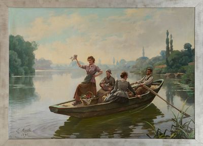 un tableau représentant des personnes dans un bateau sur l'eau