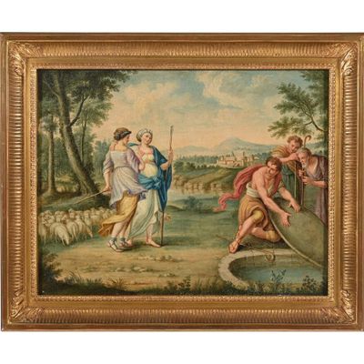 une peinture à l'huile sur toile représentant une scène biblique avec une femme et deux hommes