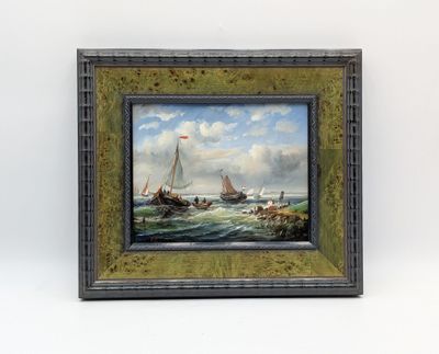 une peinture à l'huile représentant un bateau en pleine mer, arborant un drapeau rouge