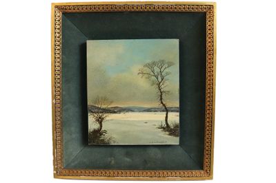 une peinture à l'huile représentant un paysage enneigé avec un arbre au premier plan