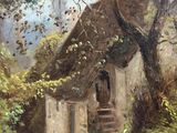 an image of a painting of a house in the woods