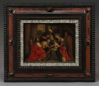 un tableau représentant un groupe de personnes rassemblées autour d'un homme vêtu d'une robe rouge
