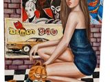 tableau représentant une femme en robe bleue, assise sur un sol à carreaux à côté d'un chat