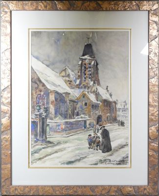 tableau représentant une église sous la neige, avec une femme et un enfant