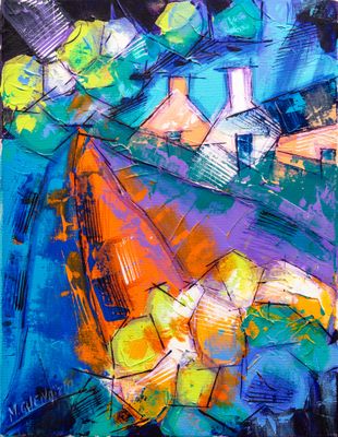 an abstract painting of a woman sitting on a couch