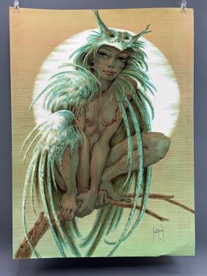 un tableau représentant une femme assise sur une branche d'arbre, aux longs cheveux verts