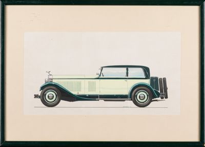 an image of a drawing of an old car in a black frame