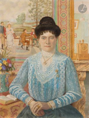 peinture d'une femme en robe bleue assise sur une chaise