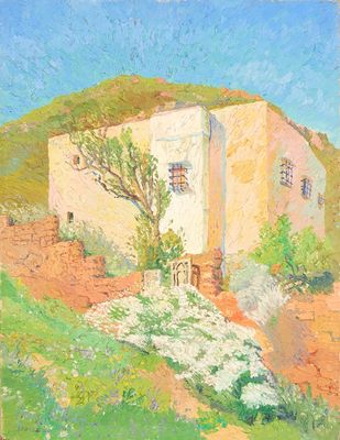 une peinture à l'huile représentant une maison sur une colline, avec un arbre au premier plan