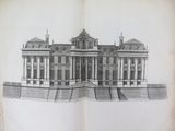 an open book with a drawing of a large building on top of a hill