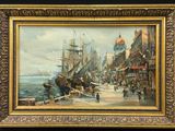 une image représentant une peinture d'une scène portuaire avec un navire au premier plan