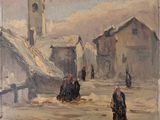 un tableau représentant des personnes marchant dans une rue d'un village