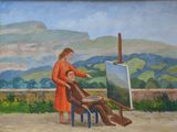 painting of a woman painting a man sitting in a chair in front of a painting