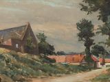 tableau représentant une route de campagne avec une église au loin et des personnes marchant sur le bord de la route