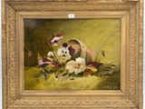 an oil painting of flowers in a vase on a table