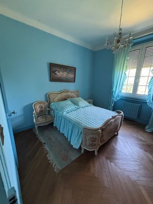 une chambre avec un lit, des murs bleus et un lustre