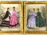 two framed pictures of women in period dress sitting on a bench