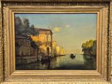 an oil painting of a canal scene with a gondola in the foreground
