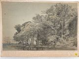 dessin représentant un paysage boisé avec des arbres et une rivière