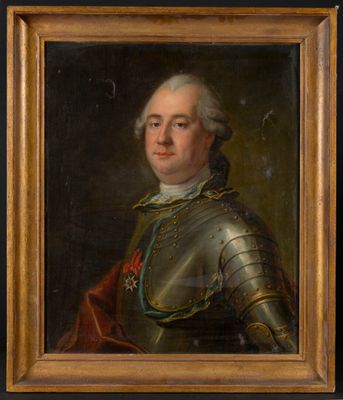 un tableau représentant un homme en armure, dans un cadre doré