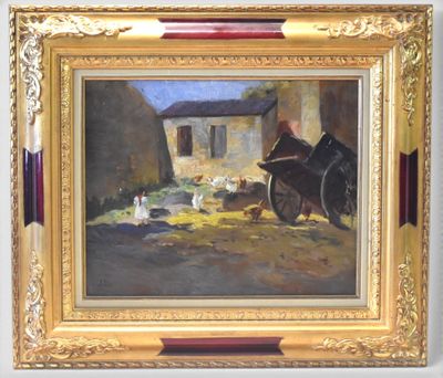 an oil painting of a horse pulling a cart with a man on it