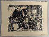 a black and white drawing of a man and a woman in a kitchen