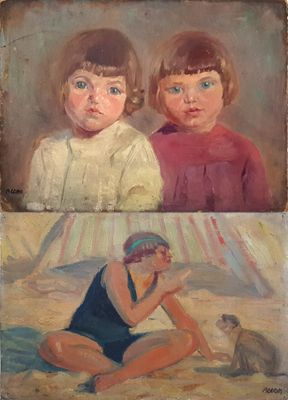 tableau représentant deux enfants sur une plage, en compagnie d'un chat et d'un chien